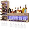 Yorbay Portabottiglie con Luce LED Pallet in Legno Fiammato, Bar a Parete con Porta Sugheri, per Bicchieri da Vino, Bicchieri da Whisky, Porta Bottiglie Casa Bar, Vintage, Regalo