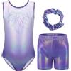 Boteria Ragazze Ginnastica con Pantaloncini e Fascia per Capelli, Senza Maniche Leotards Balletto Body Costumi di Danza per Bambini da 5 a 12 Anni (Gradiente Porpora-senza maniche, 9-10 anni)