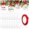 LATERN 60 Pezzi Pallina di Natale Ornamenti a Disco in Acrilico Trasparente, 10CM Girare Palline Piatte Vuote in Acrilico con Fori e Nastro Rosso per L'albero di Natale Festa Sospeso Decorazione