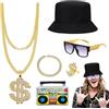 Mprocen Accessori per costume da discoteca anni '80 da uomo, costume da rapper hiphop, con collana, simbolo del dollaro, occhiali da sole retrò, braccialetto, nastro per Halloween, carnevale, cosplay