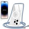 Jrkvniv Magnetica Trasparente Cover per iPhone 14 Pro con Cordino, Compatibile con Magsafe, Trasparente Ultra Sottile Silicone TPU Antiurto Custodia con Collana Laccio rimovibile per iPhone 14Pro, Blu