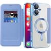 IMEIKONST Cover Magnetica per iPhone 16 Plus con Slot per Carte, [Compatibile con MagSafe] [Blocco RFID] Custodia Portafoglio Flip Antiurto Trasparente Case per iPhone 16 Plus. Azzurro JDCX