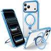 Flyzoo Cover Magnetica per iPhone 17 Pro con Supporto Stand ad Anello, [Protezione Antilngiallimento & Antiurto] Custodia Trasparente Posteriore Hard PC Case con Silicone Bordo, 6.3'', Clear Blu