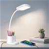 Hacevida Lampada da Scrivania Ricaricabile - 2400mAh, 3 Livelli Luminosità, Collo Flessibile 360°, Portapenne e Luce Notturna, Lampada da Tavolo Senza Fili per Camera da Letto, Studio, Bambini, Bianca