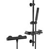 JOHO Termostatico Nero Colonna Doccia con Tubinetto Termostatico Doccia, Set Asta per Doccia con Mensola, Termostato Miscelatore Doccia + Barra Doccia in Acciaio inox 70 cm con Doccetta e Tubo
