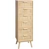 Finnhomy Cassettiera in rattan per camera da letto, cassettiera alta con 6 cassetti decorati a mano in rattan per camera da letto, piccolo comodino con gambe in legno, naturale