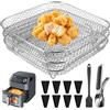 GOMETY Scaffale per friggitrice ad aria, a 3 livelli, impilabile, in acciaio inox, quadrato, accessori per friggitrice ad aria con 8 piedini in silicone, 1 pinzetta e 1 spazzola per la maggior parte delle