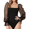 SUIUOI Body da donna a maniche lunghe, elegante, a pois con inserto in rete trasparente, tuta a G, body con scollo a tessere casual, in tulle, maglietta tunic clubwear, Nero , m