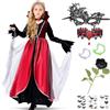 Leonshco Vestito Vampira Bambina, Gotico-Queen Costume Da Vampira Bambina con Collana, Denti, Maschera per Gli Occhi, Fiori Finti, Adesivi, Adatti a Halloween, Carnevale, Dracula Party, Cosplay