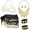 Vulevirtue 7 Pezzi Cintura Sciarpe di Danza Del Ventre,Gonna di Danza Del Ventre Cintura Avvolgente con Orecchini con Monete D'Oro, Collana, Braccialetti e Copricapo per Spettacoli Sul Palco