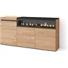 Skraut Home | Credenza, Mobile, Cucina | Madia, mobile ingresso | 150x75x35cm | 3 Porte | Camino elettrico | Stile moderno | Rovere e nero