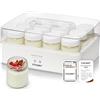 Cloer 9921 Yogurtiera per 12 vasetti, ciascuno da 150 ml di capacità, per yogurt e colture di fermentazione, timer, 8-14 ore, corpo in plastica bianca, 17 W, coperchio trasparente