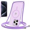 Coalbooliy Cover Magnetica per iPhone 15 Pro Max con Cordino,Compatibile con Mag-Safe, Custodia Traslucida Opaca Posteriore Sottile Antiurto con Laccio Collo Tracolla Corda Cinghia Case,Viola