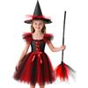 HarnyLoom Costume da Strega per Bambini Halloween Vestito da Vampiro Costumi Ragazze Viola Abito in Tulle Cappello Manico di Scopa Festa in Maschera Vestire Dress Up Cosplay (Rosso, 130 (7-9 anni))