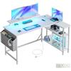 DOMSHOCT Scrivania da gioco a forma di L con luci LED e prese di corrente, 140 x 80 cm, tavolo angolare per computer con borsa portaoggetti, ripiani regolabili e grande supporto per monitor