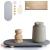 RIOMZY Organizer per lavello ad asciugatura istantanea, vassoio in pietra assorbente per cucina, bagno, piano di lavoro, asciugatura rapida (con piedini in legno e luffa naturale, grigio)