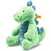 Steiff 087813 Peluche a forma di orsacchiotto con scritta in lingua tedesca Pot in pontosaurus, circa 28 cm, con bottone all'orecchio, per bambini dalla nascita, colore: verde/petrolio