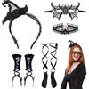 YiiHHooN Cerchietto di Halloween da donna, 5 pezzi, fascia da strega di Halloween, costume da strega con copricapo maschera di pizzo collari guanti calzino per carnevale