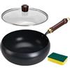 perfk Wok Antiaderente con Fondo Piatto e Coperchio, pentola a Gas, Manico ergonomico in Legno, Padella per Saltare, Wok Cinese per Cucina Domestica