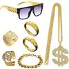 GWAWG 7 decorazioni per feste in costume hip hop, finto segno del dollaro, collana hippie anelli occhiali anni '90 per travestimento hippie rapper discoteca