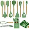 Crestgolf Set di 13 utensili da cucina in silicone resistente al calore, set di spatole da cucina con vassoio, spatola da cucina tornitore resistente al calore con manico in legno (verde avocado)