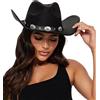 Eohak - Cappello da cowboy western da donna con borchie, cappello da cowgirl con tesa larga, fedora, nero, M