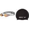 ARENA Tracks Mirror, Occhialini da Gara Unisex-Adulto, Multicolore (White-Redcopper-Black), Taglia Unica & Classic Silicone, Cuffia Unisex Adulto, Nero (Black-Silver), Taglia Unica