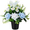 SIFOEL Fiori Artificiali per Tomba in Vaso, Fiori Artificiali di Rosa, Giglio e Margherita per Memoriale con Vaso per Cimitero, Funerale, Decorazione per Tomba all'Aperto (1 pezzo, Blu e Bianco)