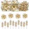 Alupssuc 24 pezzi di bastoncini di Natale glitterati, 12 fiori di Natale artificiali e 12 rami decorativi con bacche per decorazioni per alberi di Natale, ornamenti e ghirlande natalizie, oro