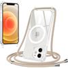 Jrkvniv Magnetica Trasparente Cover per iPhone 12/iPhone 12 Pro con Cordino, Compatibile con Magsafe, Trasparente Ultra Sottile Silicone TPU Antiurto Custodia con Collana Laccio per iPhone 12, Cachi