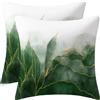 De-Mediocre Federa per cuscino verde scuro con effetto marmo, verde smeraldo e oro, con foglie, decorazione per esterni, per divano, letto, divano, in velluto, 45,7 x 45,7 cm