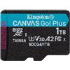 KINGSTON TECHNOLOGY microSDXC Canvas Go Plus Kingston Technology 1 TB Gen4 200R A2 U3 Confezione singola senza ADP