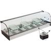 Ristoattrezzature Modello: 99120220020658,Vetrina frigo 1156x410x330h mm 6 vaschette gn 1/3 refrigerata da banco a due piani nera con vetri curvi e motore remoto incluso