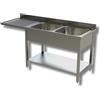 Ristoattrezzature Modello: 100582024000,Lavello in acciaio inox 160x70x85h cm 2 vasche con gocciolatoio sx a sbalzo, vano lavastoviglie, ripiano e alzatina EC