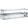 Ristoattrezzature Modello: 88260237006001,Vetrina refrigerata portacondimenti, portagusti per pizza GN 1/4 1500x335x435h mm +2 +8 °C con motore a destra a basso consumo energetico