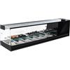 Ristoattrezzature Modello: 97871768002022,Vetrina frigo sushi 1566x410x360h mm 6 vaschette gn 1/3 refrigerata da banco nera con mensola intermedia vetri dritti con motore incorporato