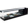 Ristoattrezzature Modello: 97881768002003,Vetrina frigo sushi 1566x410x360h mm refrigerata da banco nera con mensola intermedia vetri dritti con motore incorporato e piano liscio