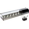 Ristoattrezzature Modello: 97910210020605,Vetrina frigo 1216x410x250h mm 4 vaschette gn 1/3 refrigerata da banco nera vetri curvi con motore incorporato