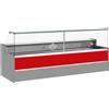 Ristoattrezzature Modello: 11068001952809,Banco refrigerato statico con vano riserva per salumeria e macelleria vetri apribili verso l'alto rosso +4 +6°C 300x98x127h cm