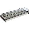 Ristoattrezzature Modello: 99010090110678,Vetrina frigo 1516x395x180h mm 8 vaschette gn 1/3 refrigerata da banco argento con vetri curvi, porte a ribaltina e motore remoto incluso