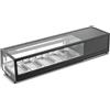 Ristoattrezzature Modello: 116853079074,Vetrina frigo sushi refrigerata da banco con vetri dritti e motore incorporato 135,3x40,6x31,8h cm vaschette 5 GN1/3 325x176 mm