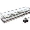 Ristoattrezzature Modello: 99230220021842,Vetrina frigo 1156x395x325h mm 6 vaschette gn 1/3 refrigerata da banco a due piani nera con vetri curvi, porte a ribaltina e motore remoto incluso
