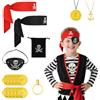 AOOWU 8 Pezzi Accessori Costume da Pirata, Realtà Kit Accessori Pirata, Accessori per Costume da Pirata con 2 Bandana da Pirata, Benda sull'Occhio, Collana, Orecchini per Halloween Carnevale Festa