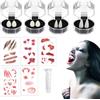 PRVCFZ Set di 10 accessori per Halloween, 4 denti da vampiro, zanne da vampiro, zanne da vampiro, 5 tatuaggi adesivi per cicatrici di Halloween con sangue finto ticchiolatura, costume di Halloween per donne,