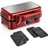 HOUSNAT Macchina per sandwich 3 in 1 - Tostapane per sandwich - 1200 W con controllo della temperatura a 5 velocità - Per waffle belgi - Rivestimento antiaderente - Perfetto per la colazione, Rosso