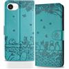 Butnyeoe Cover per iPhone 16e Libro,Gatti/Fiori Motivo in Rilievo Custodia,PU Pelle Protettiva Portafoglio Flip Wallet Case Con Slot per Schede e Magnetica Supporto,Blu-Verde