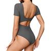 Missufe Body estivo da donna, con schiena scoperta, a maniche corte, scollo quadrato, a maglia, attillato, cachi, S