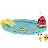 Happy People Piscina per bambini con scivolo e irrigatore, con gioco di lancio e personaggi da gioco, attacco tubo da giardino, ca. 198 x 150 x 18 cm, giocattolo estivo
