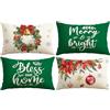 Artscope 4 Pezzi Federe Cuscini di Natale Cuscino Decorativo in Lino Natalizi per la Decorazione Domestica Soggiorno Camera da Letto Divano 40x60cm (Verde - Fiori di Natale e Campana)