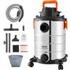 VEVOR Aspirapolvere per umidi secchi 30 L, Aspirapolvere portatile in acciaio inox per officina garage, 6 HP max, Aspirazione con ugello, rotelle, per tappeti, detriti, peli di animali, Nero argento